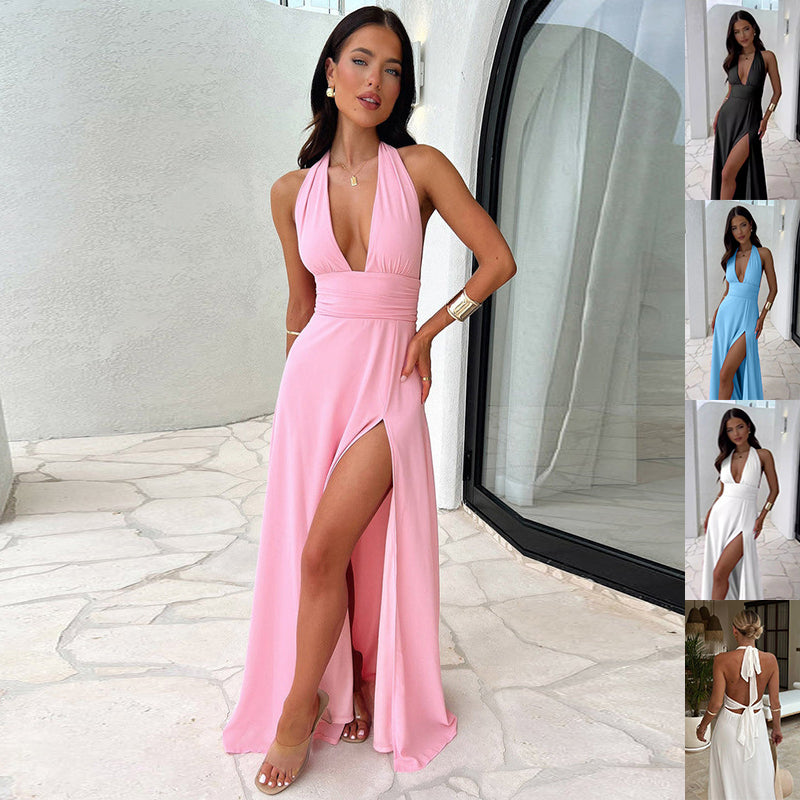 Pink After Hours Plunge Maxi Dress front view with halter neckline, gathered waist and thigh slit