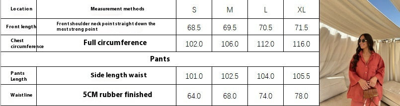 Resort Ease Set source size chart showing S–XL front length, chest circumference, pants length and elastic waist measurements.