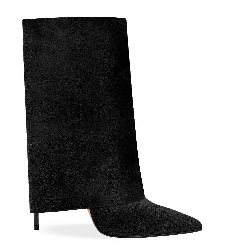 Black suede-look pointed-toe slouch stiletto boot side view