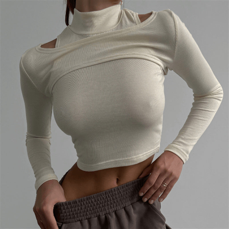 Layered Muse beige mock-neck crop top front view