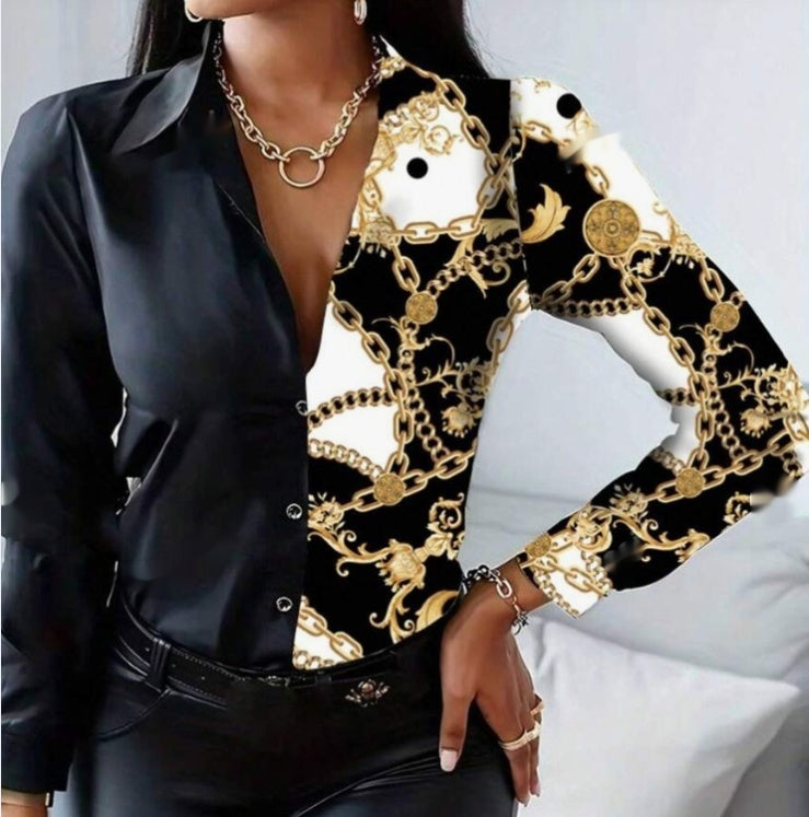 Double Take Colorblock Shirt in Black + Baroque Print, front view