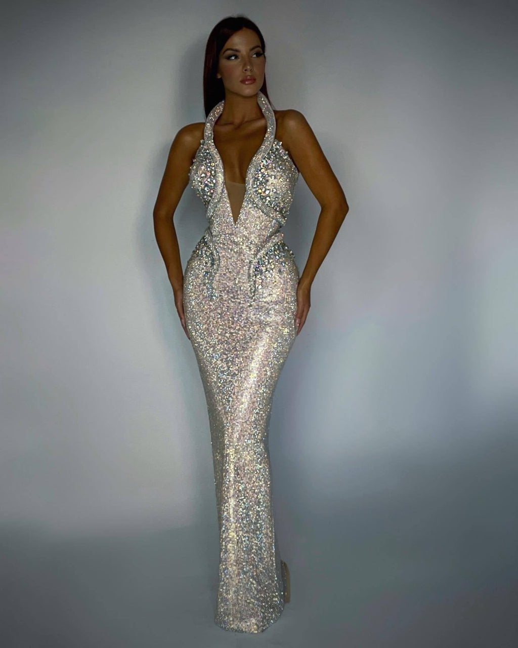 Supplier gallery view 2 of the silver Diamond Hour Sequin Gown showing the fitted floor-length silhouette.