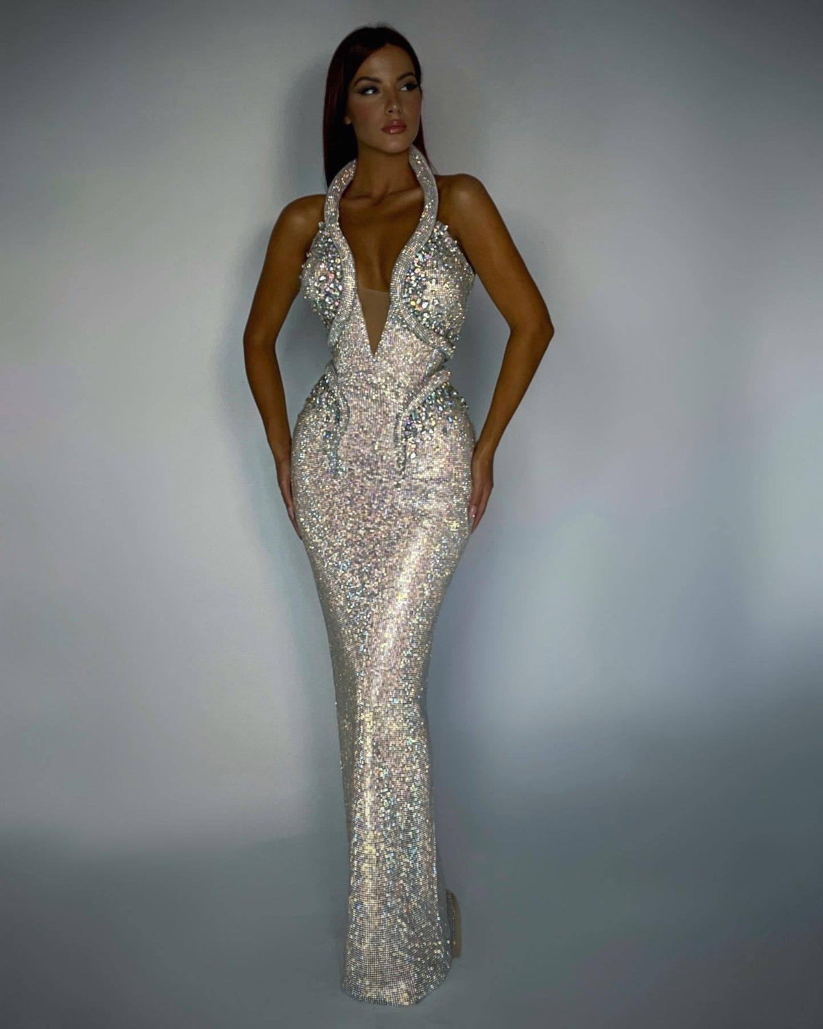 Supplier gallery view 2 of the silver Diamond Hour Sequin Gown showing the fitted floor-length silhouette.