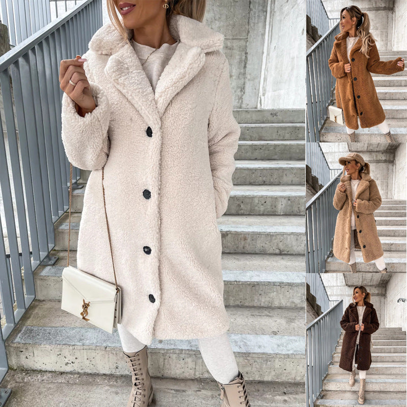 Collage showing Apricot, Brown, Coffee, and Dark Gray plush longline jackets on adult models.