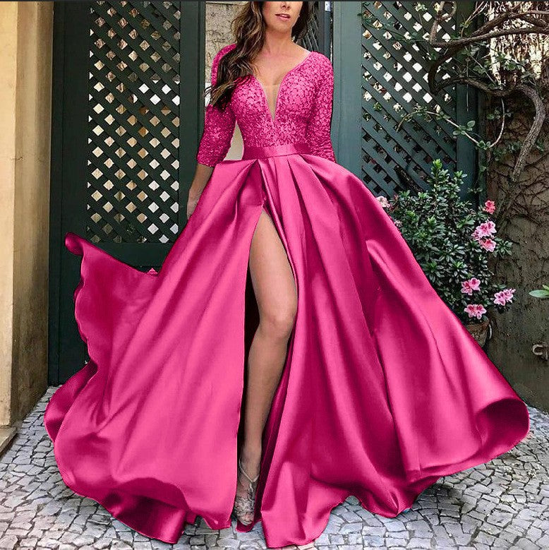 Grand Entrance Satin Gown supplier view showing the embellished deep-V bodice, three-quarter sleeves, full satin-look skirt, and front slit (supplier image 10).