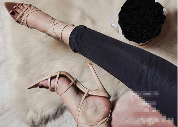 Apricot Power Line Strappy Stiletto Sandals worn side view