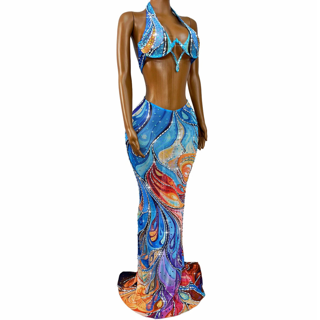 Diamond Rain Rhinestone Skirt Set on a mannequin, angled full-length view