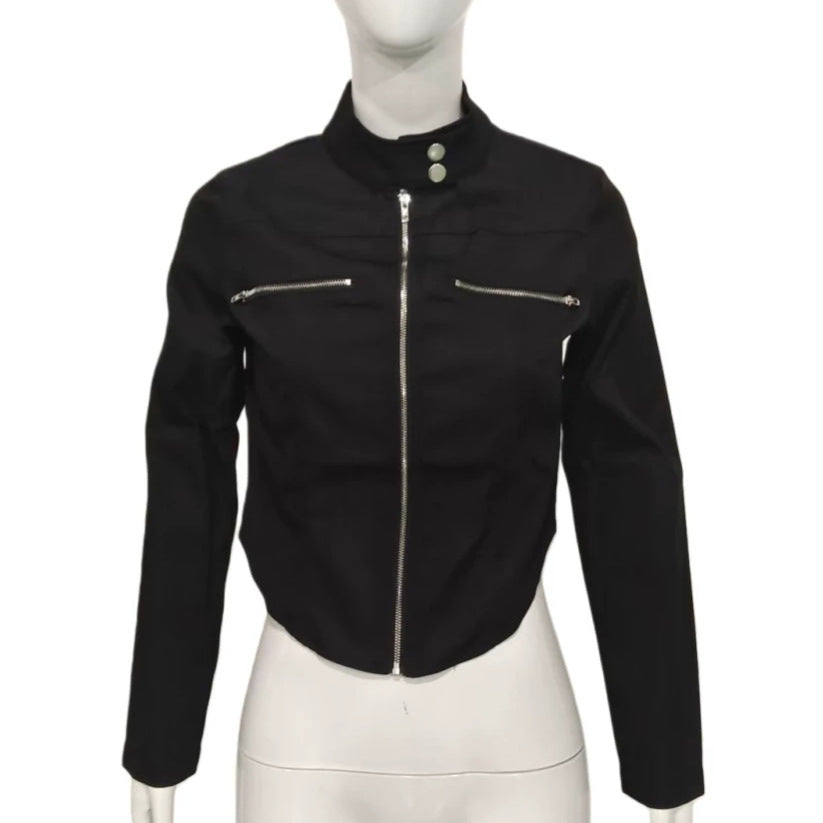 Full front product view of the black zip jacket on a white mannequin.