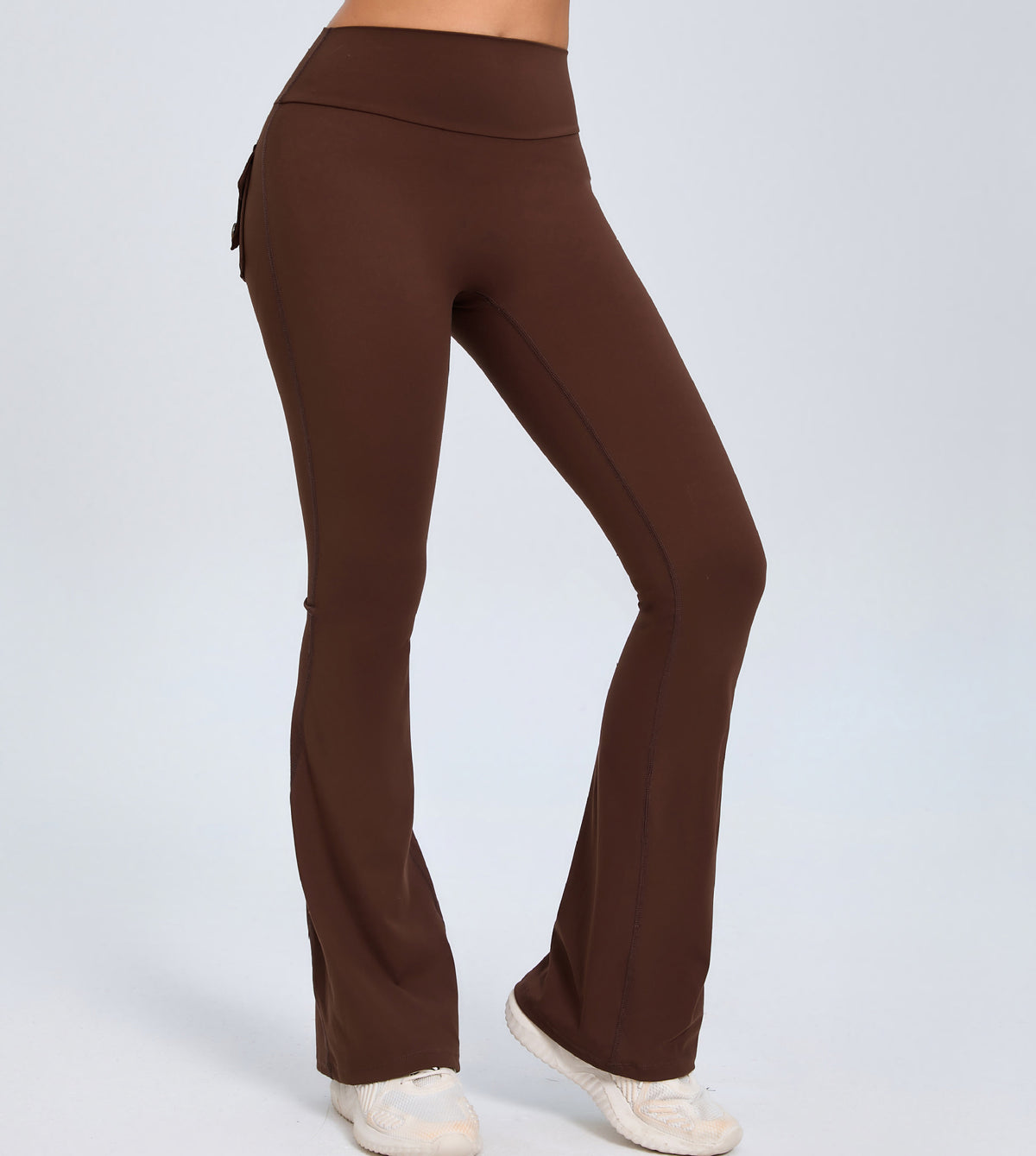 Brown high-waisted flare pants shown from the front.
