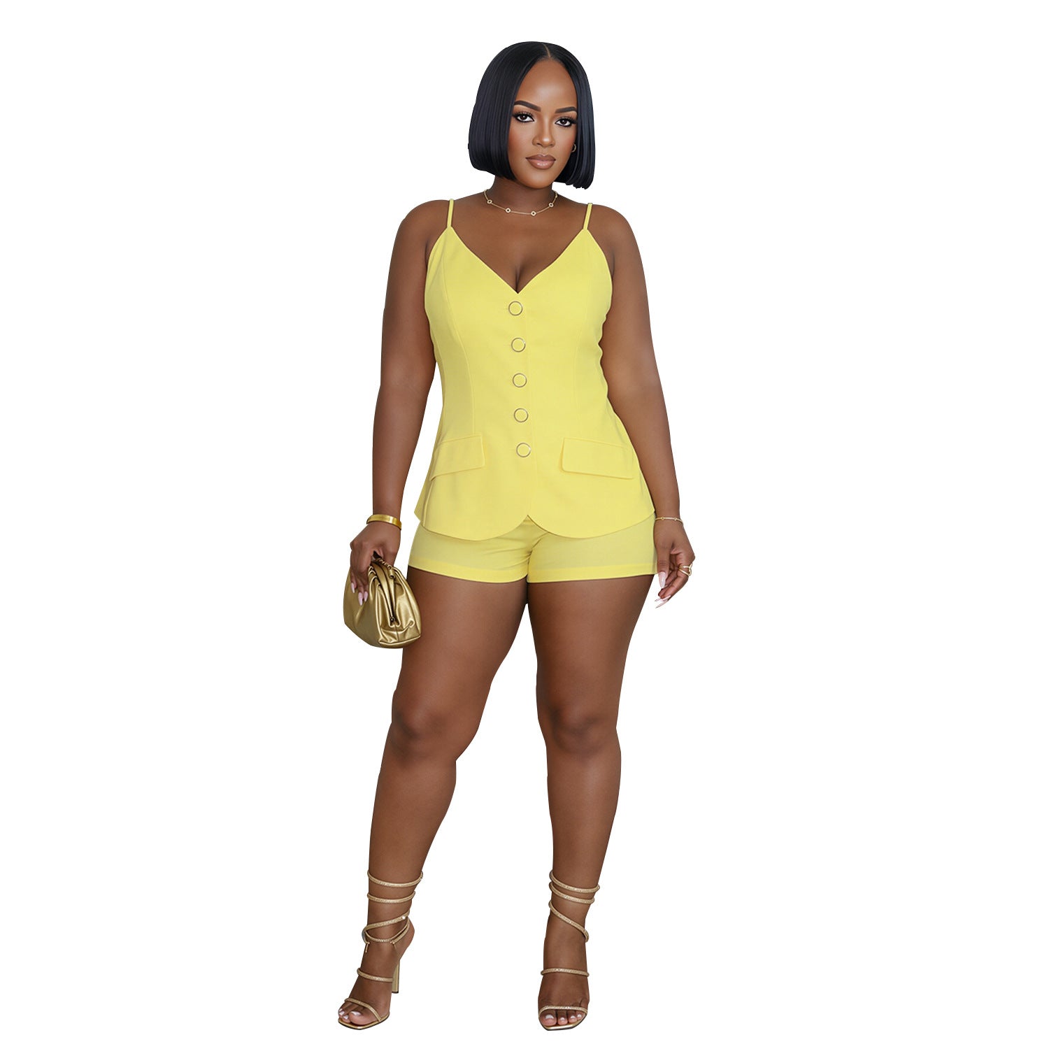 Model wearing yellow Boardroom Heat sleeveless button-front top and matching shorts, front view on white background