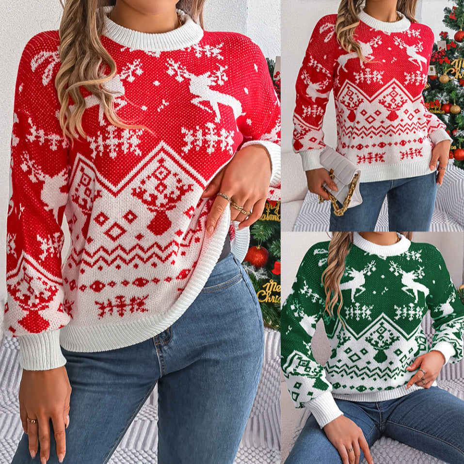 Collage showing the red and green Merry Main Character Reindeer Sweater on adult models, with crew neck, long sleeves, and holiday knit pattern.