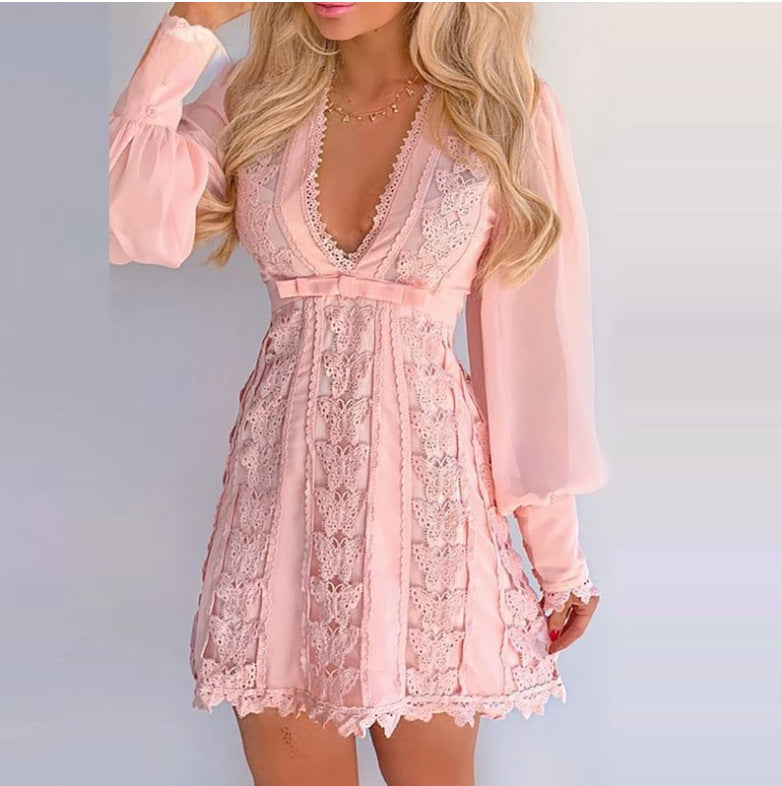 Private Suite Plunge Lace Mini Dress supplier fit view in pink showing the high waist and scalloped mini hem
