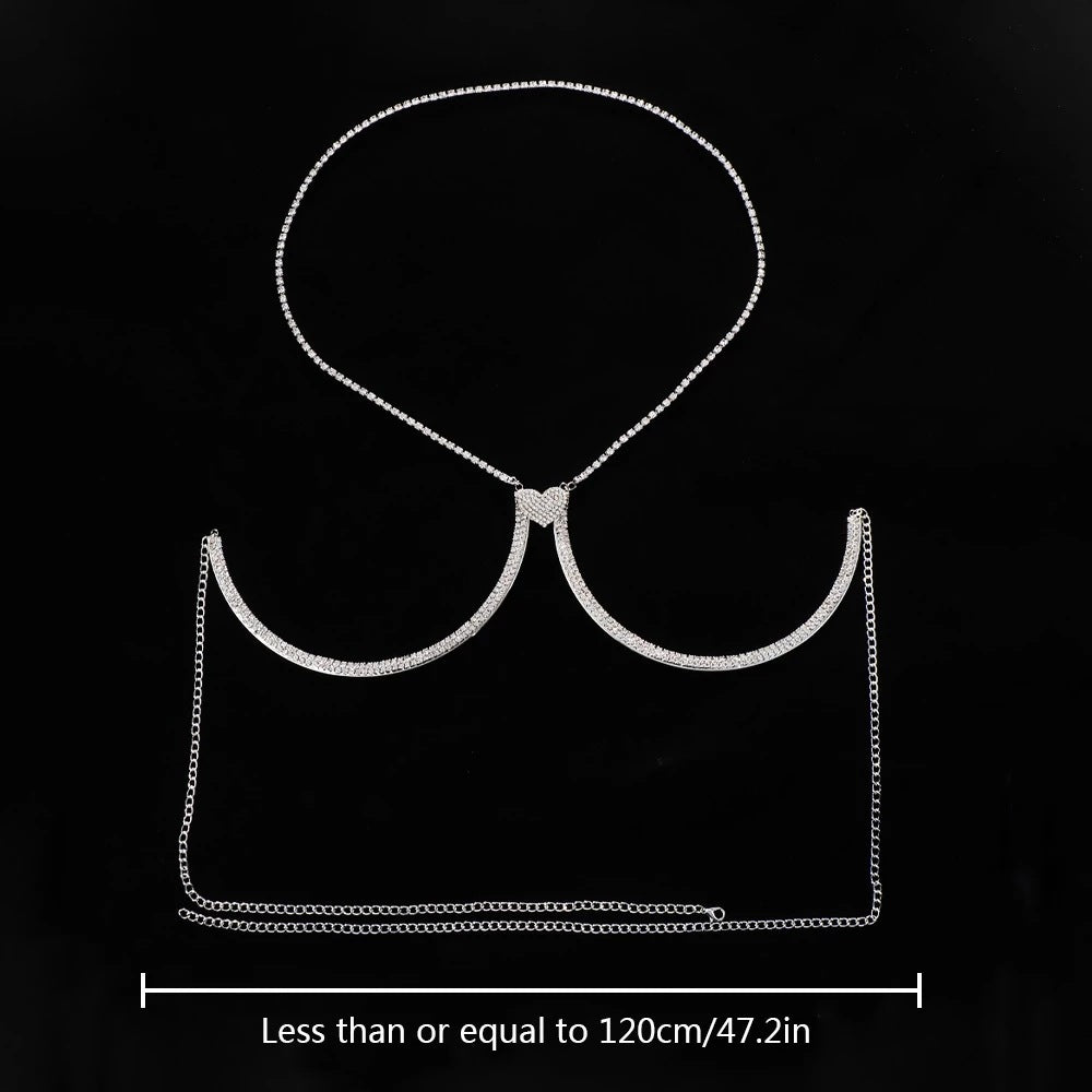 Silver Diamond Detail Body Chain flat product view with adjustable waist chain length reference