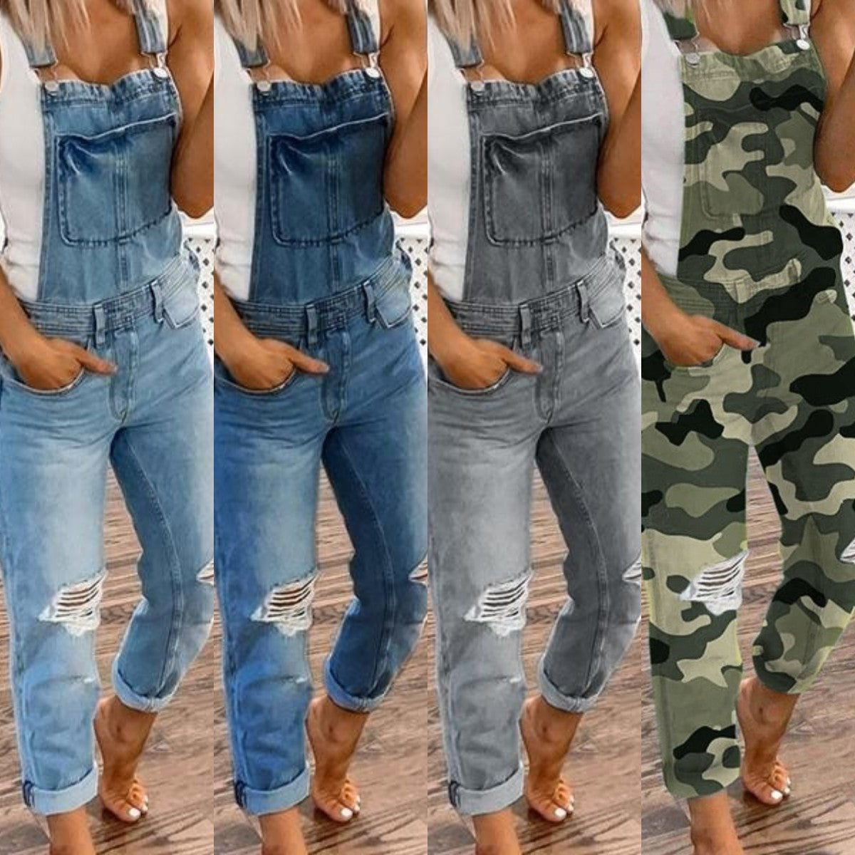 Weekend Authority overalls in light blue, dark blue, gray, and camouflage color options