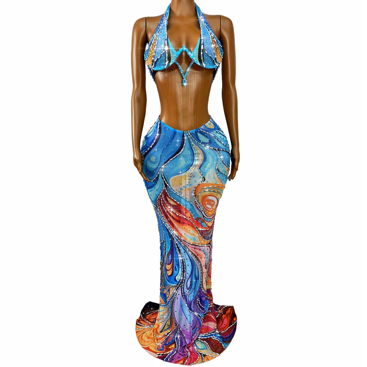 Diamond Rain Rhinestone Skirt Set on a mannequin, full-length front product view