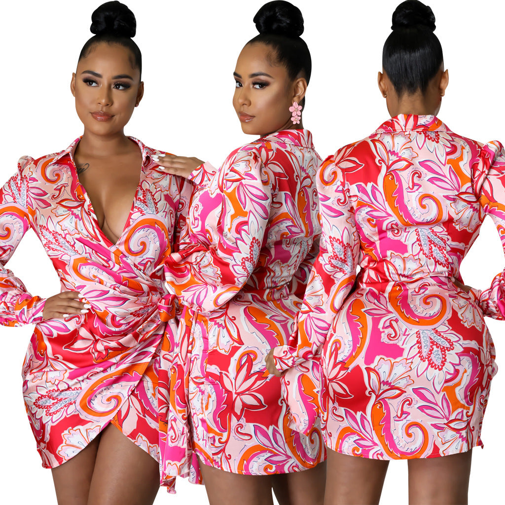 Red abstract-print wrap mini dress shown from the front, side, and back