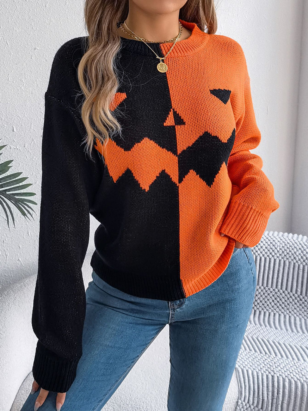 Ghosted & Gorgeous Orange and black sweater front detail
