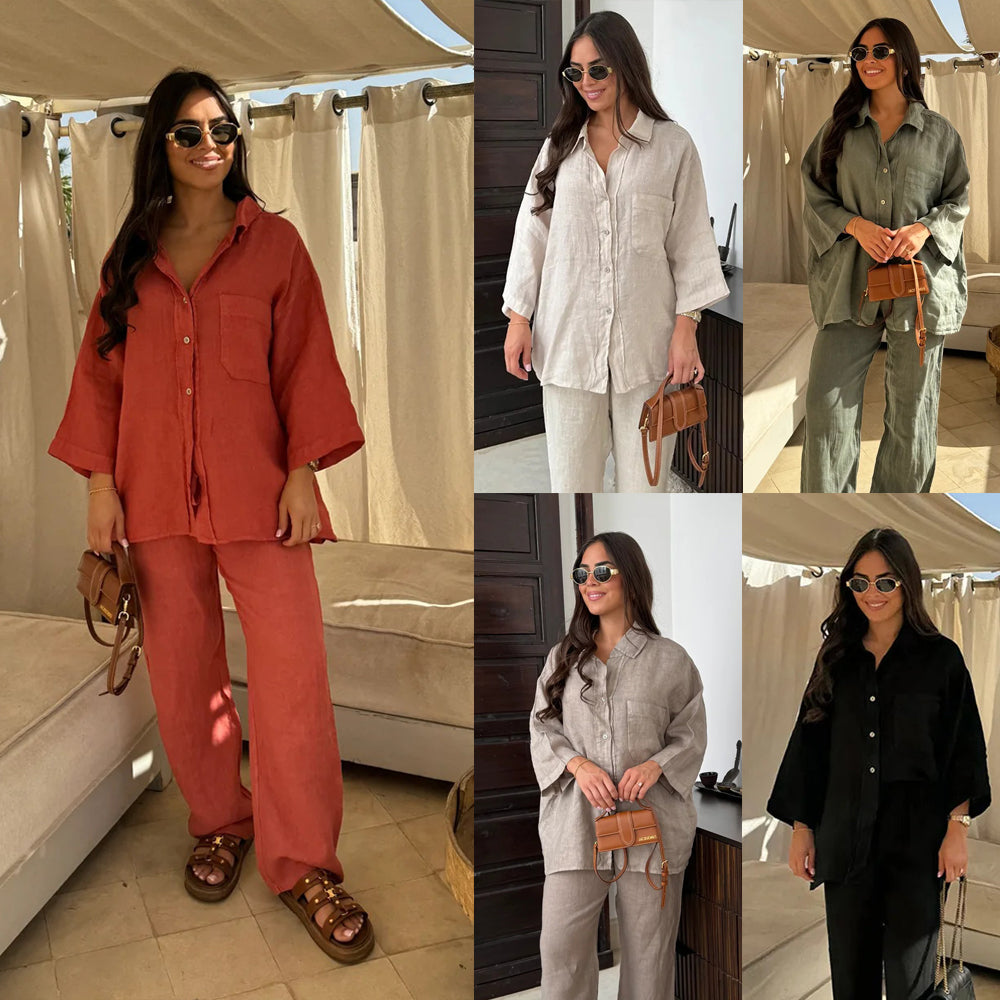Gallery view 12 of the Resort Ease Set showing the relaxed button-front shirt and matching wide-leg trousers in an available colorway.