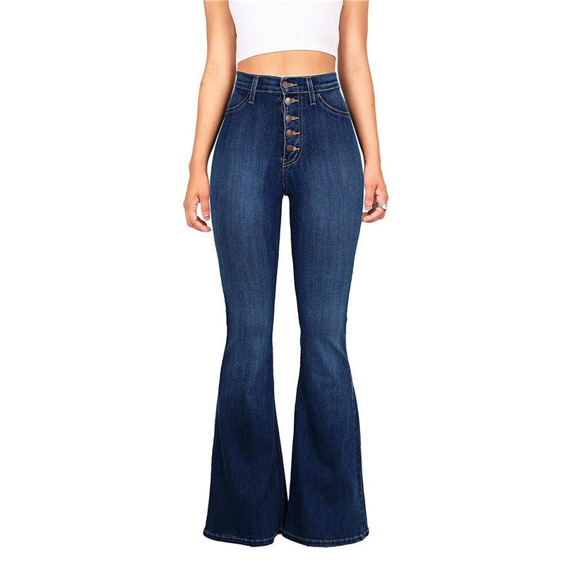Navy Blue Big Energy Jeans isolated front view showing the five-button fly and flare leg.