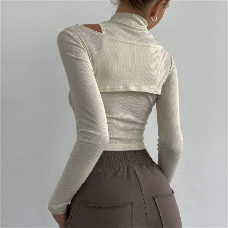 Layered Muse beige mock-neck crop top back view
