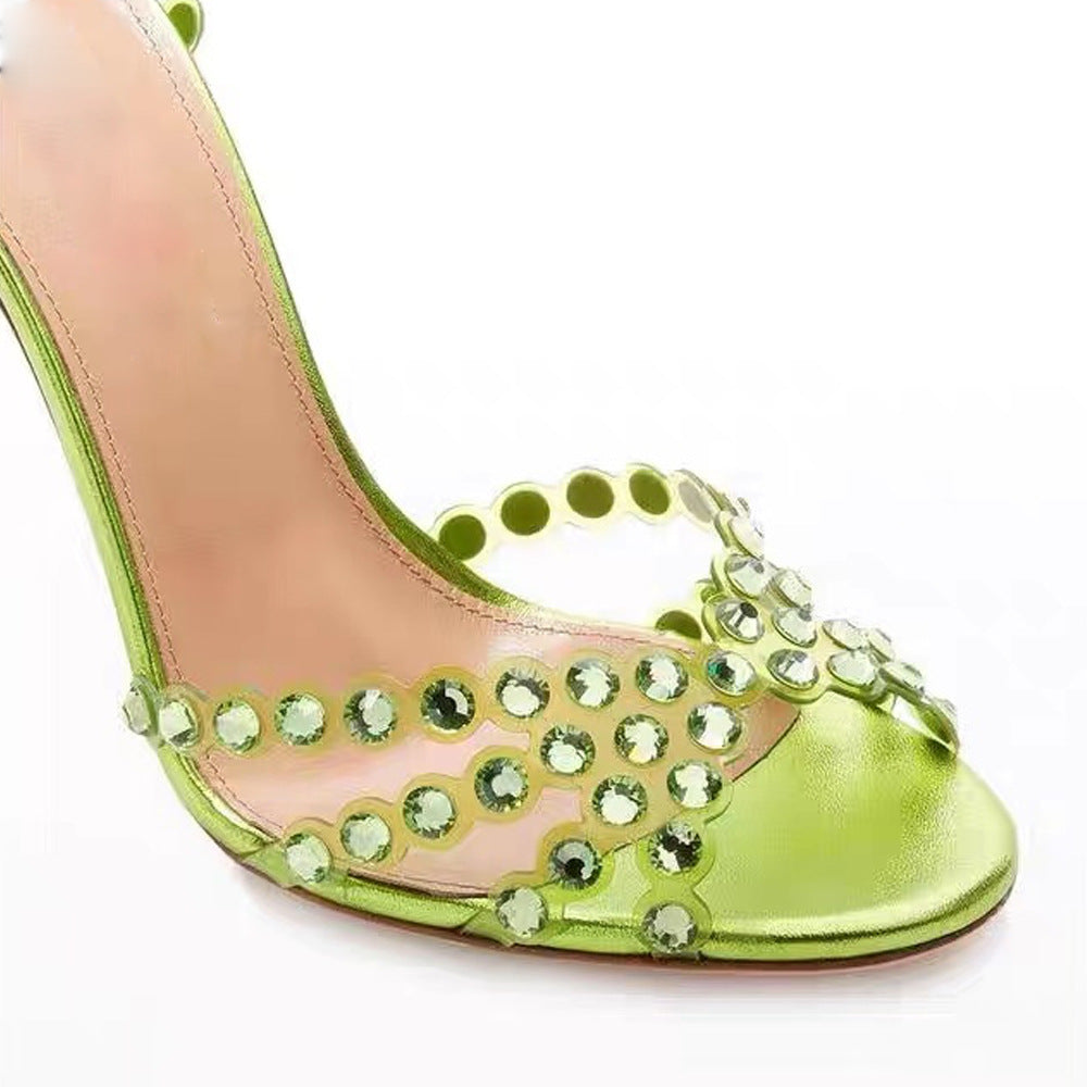 Diamond Socialite Stiletto Sandals supplier reference view 2 showing metallic open-toe stiletto sandals with large clear rhinestone toe straps and ankle wraps