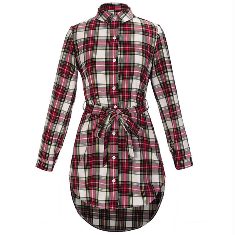 Front product view of the white-base plaid City Girl longline button-up shacket with self-tie waist