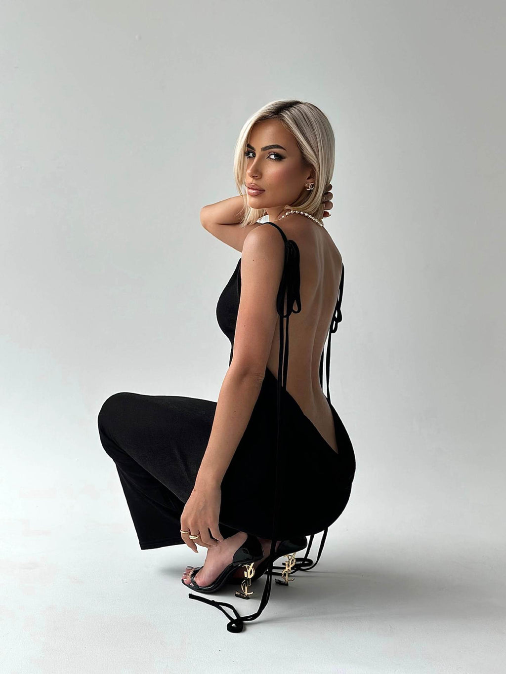 Penthouse Lace-Up Backless Maxi Dress supplier view showing the body-skimming maxi length