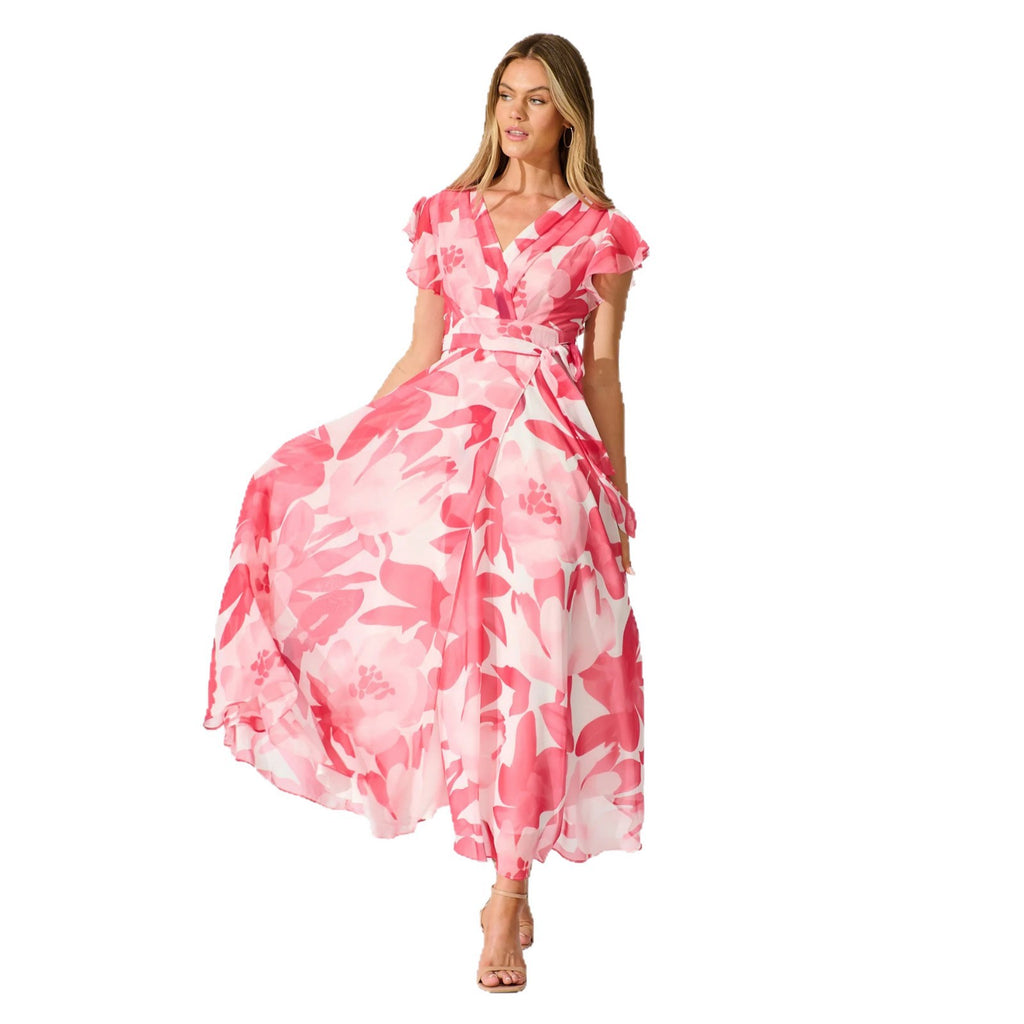 Petal Waltz peach botanical tie-waist maxi dress, full front view