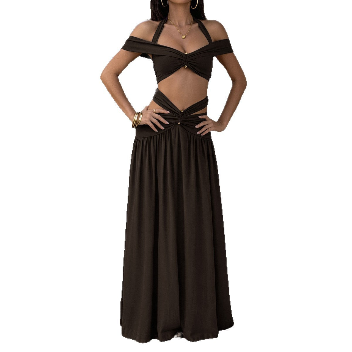 Dark-brown halter cutout maxi, full-length front product view
