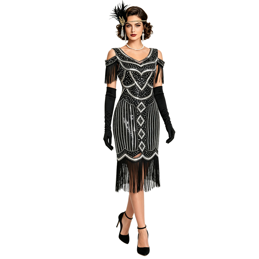 Adult model wearing the Black Silver geometric sequin fringe dress, front view.