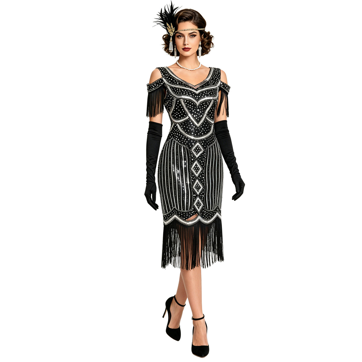 Adult model wearing the Black Silver geometric sequin fringe dress, front view.
