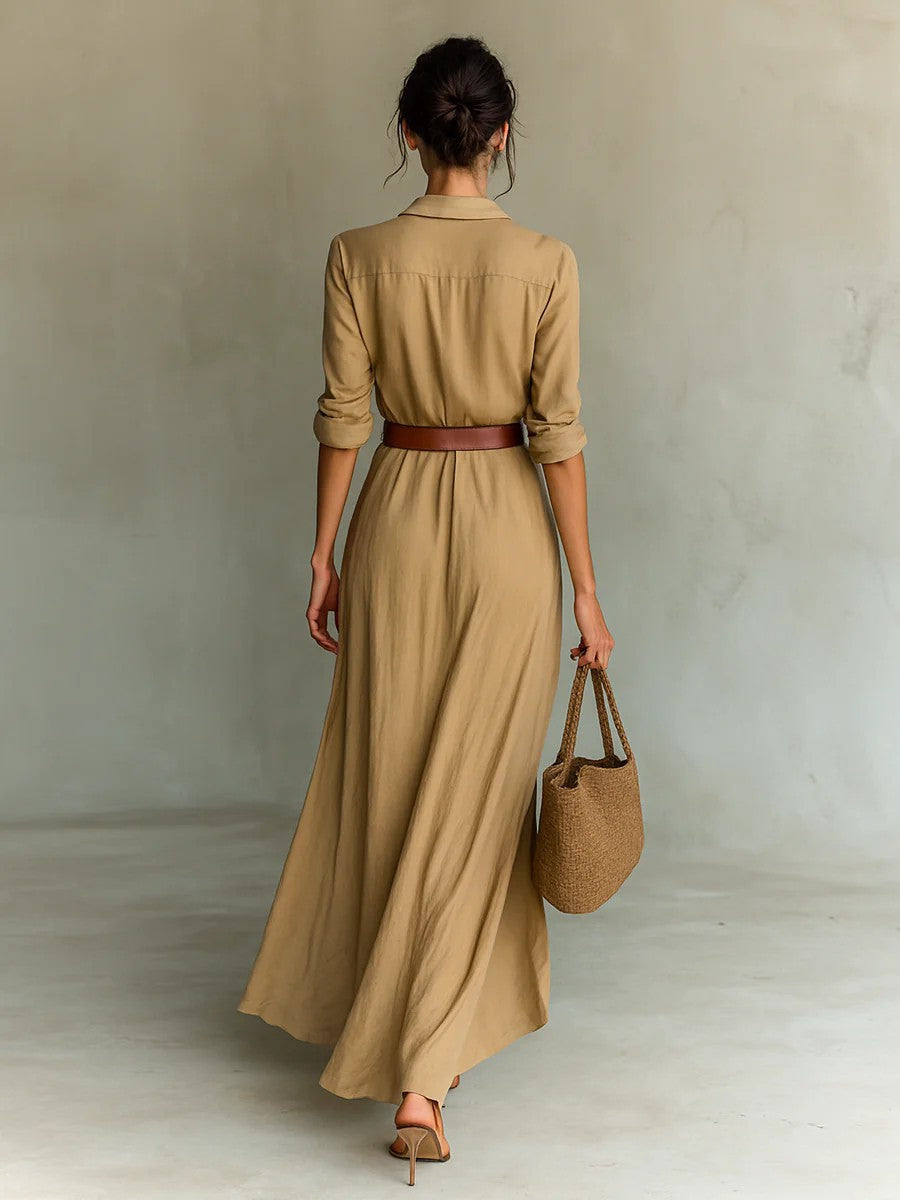 Executive Energy Belted Maxi Dress in khaki, back view