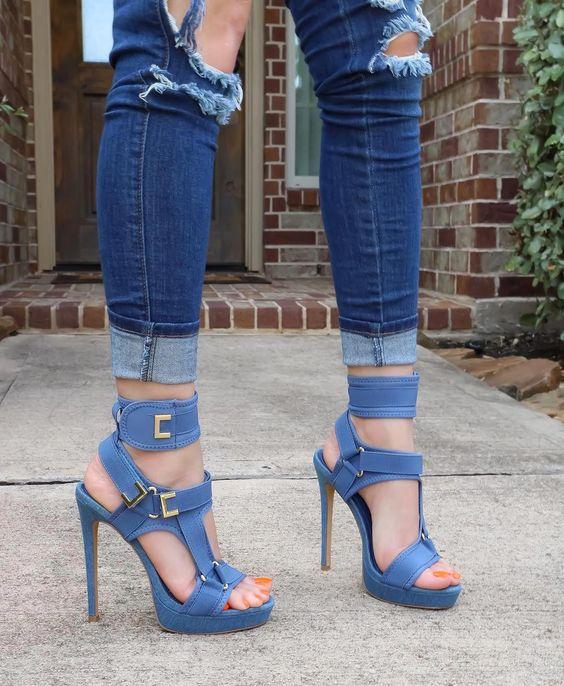 Blue buckle platform sandals worn front view
