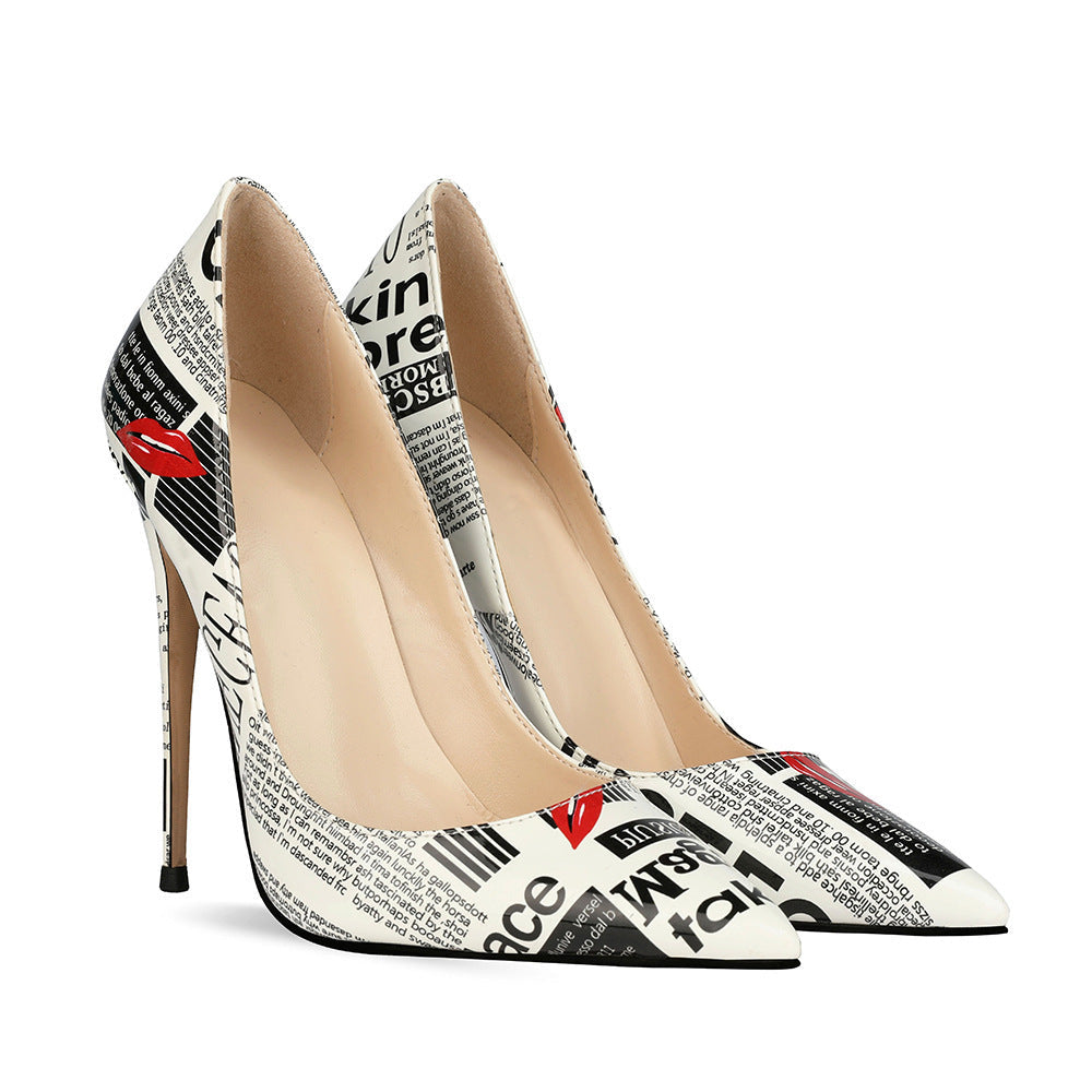 Headline newspaper-print pointed stiletto pumps product pair