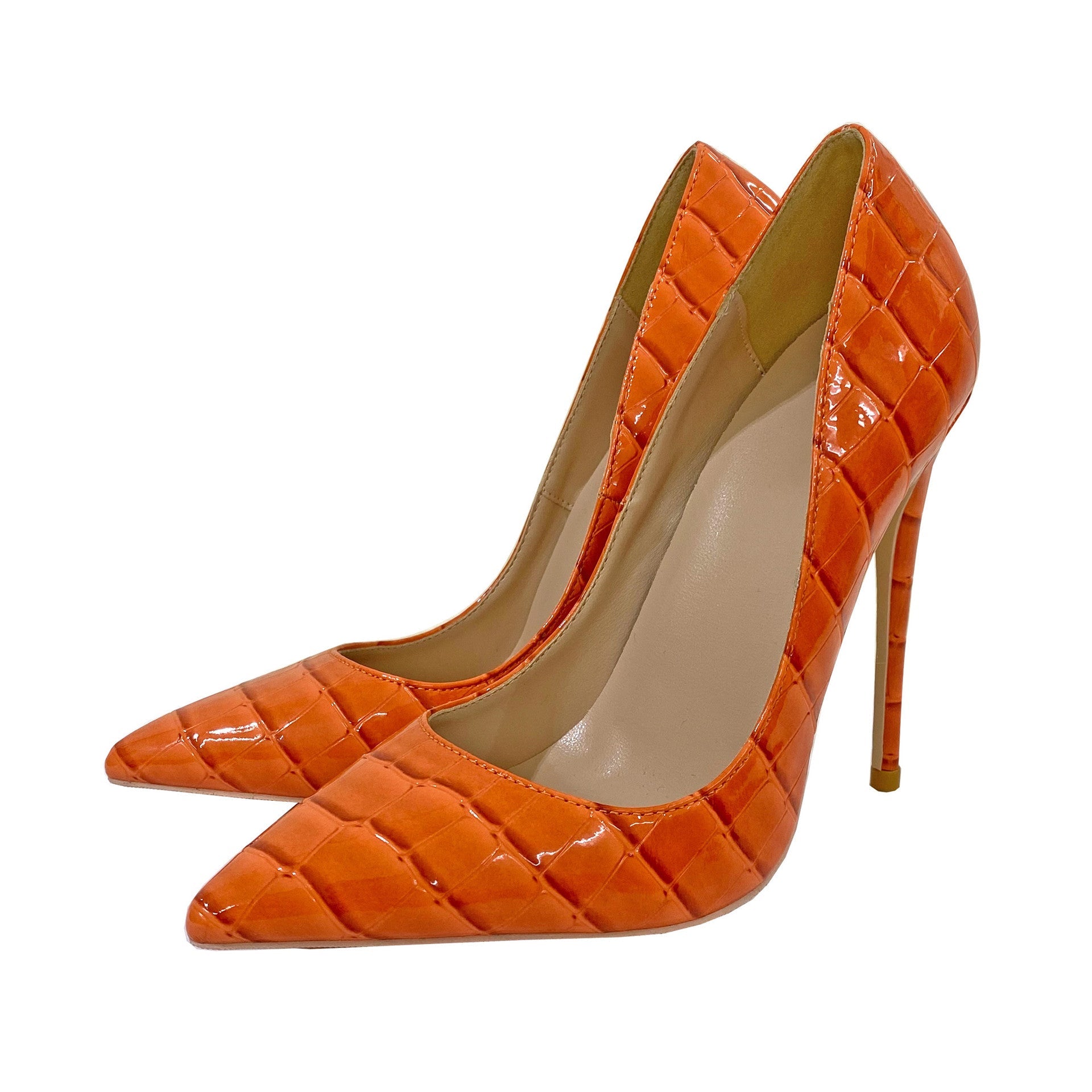 Orange embossed pointed stiletto pumps product pair