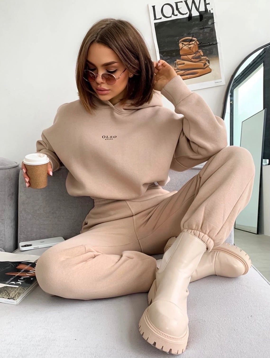 Dark khaki Soft Life hoodie and jogger set seated front view