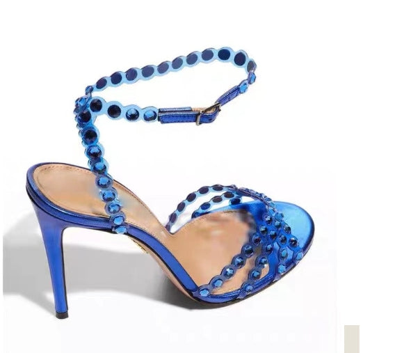 Diamond Socialite Stiletto Sandals supplier reference view 6 showing metallic open-toe stiletto sandals with large clear rhinestone toe straps and ankle wraps