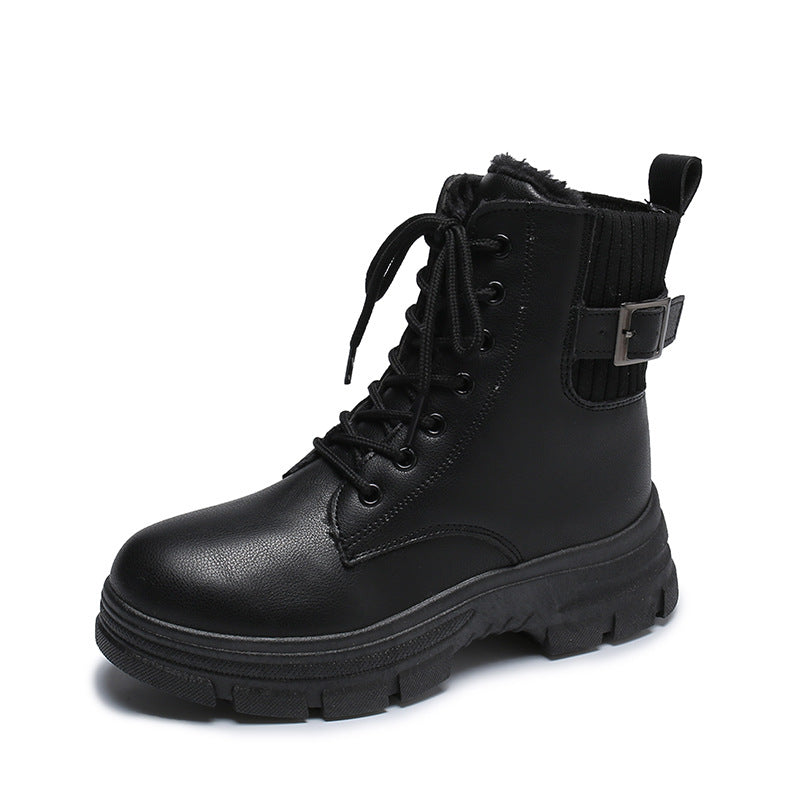 Black Cold Front Buckle Combat Boot product view showing laces, side buckle and lug sole