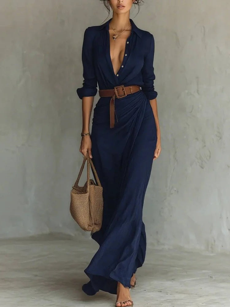 Executive Energy Belted Maxi Dress in navy blue, front view with brown belt