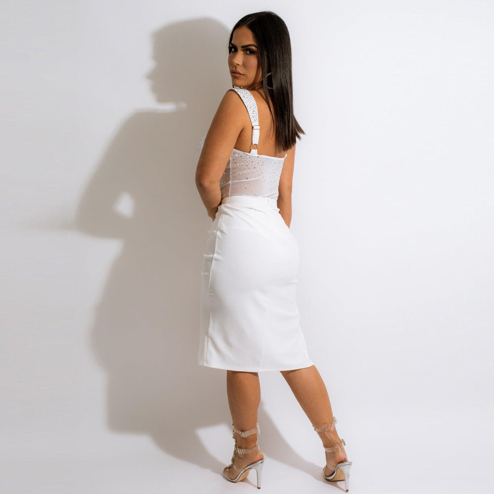 After Hours Rhinestone Mesh Look supplier rear view in white
