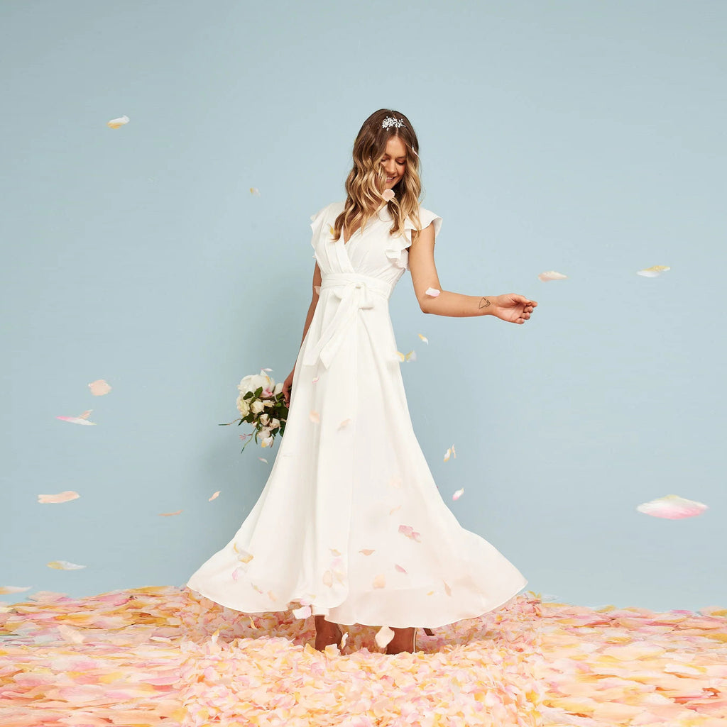 Petal Waltz white tie-waist maxi dress, full front view