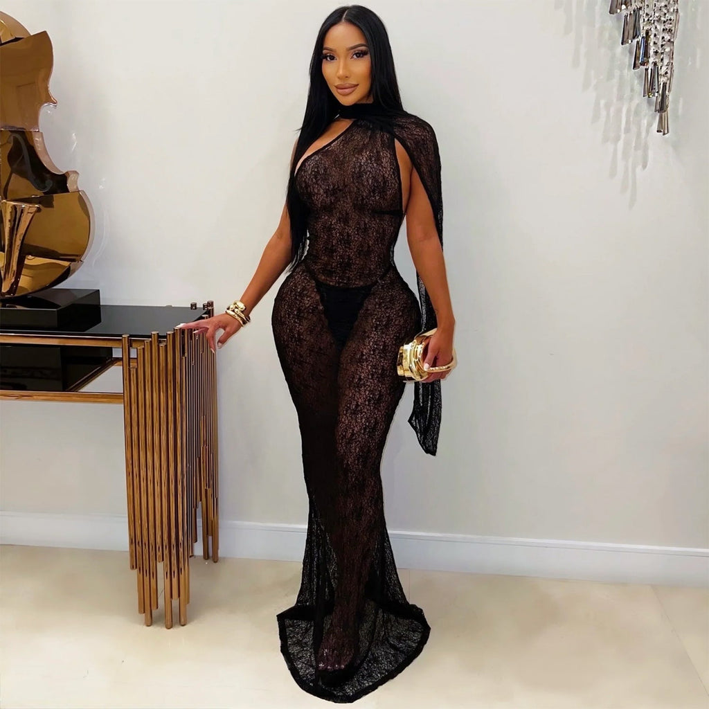 Full-length view of the Lace After Midnight Maxi Dress.