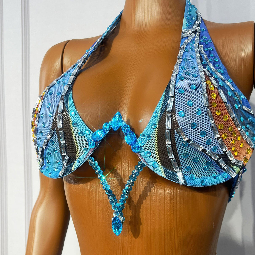 Close-up of the Diamond Rain rhinestone halter top with jeweled center detail