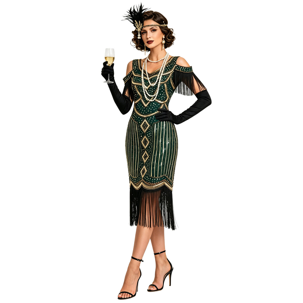 Adult model wearing the Green and Gold fringe dress while holding a champagne glass as styling.