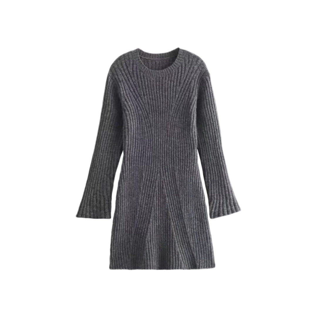 Gray ribbed long-sleeve A-line dress shown flat from the front.