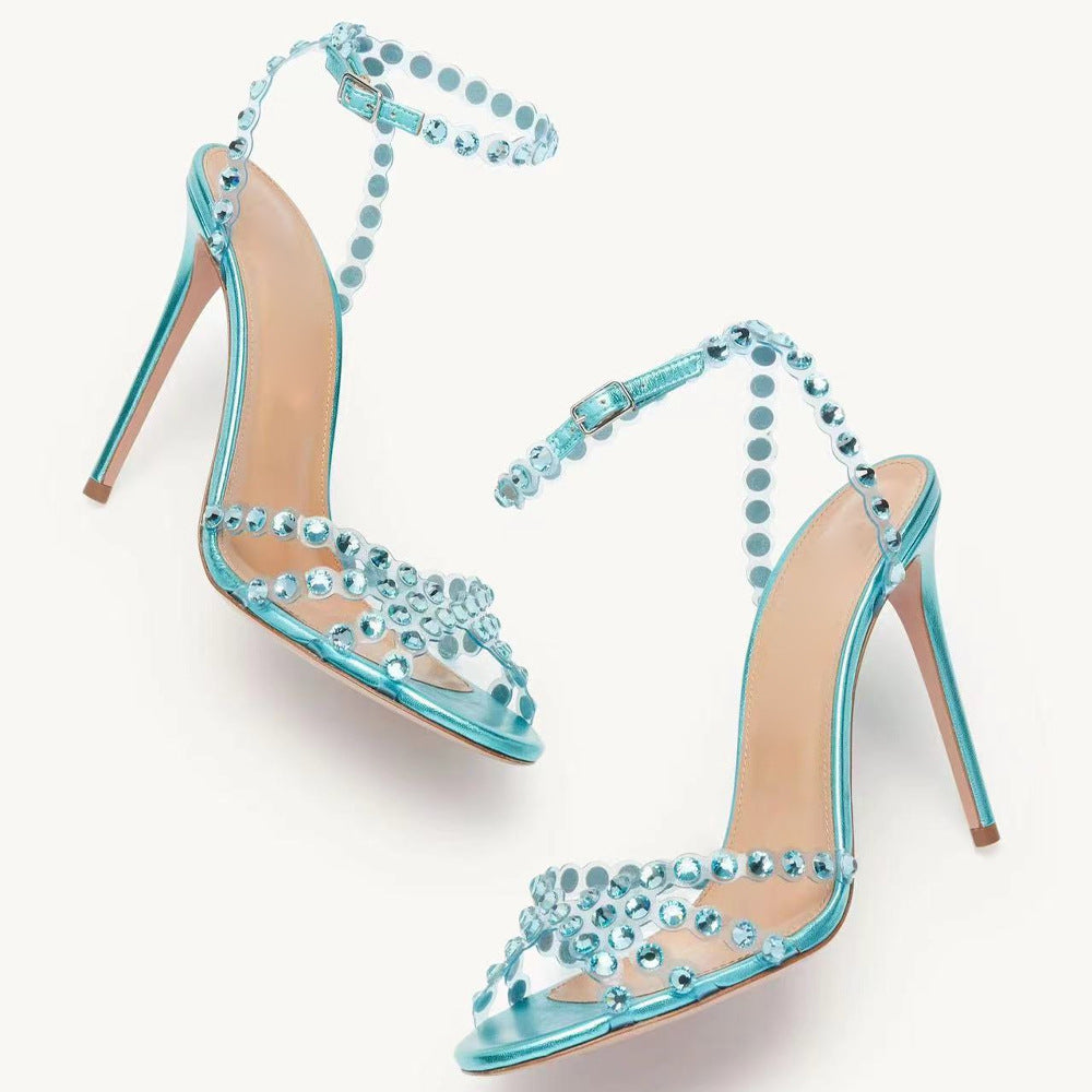 Diamond Socialite Stiletto Sandals supplier reference view 1 showing metallic open-toe stiletto sandals with large clear rhinestone toe straps and ankle wraps