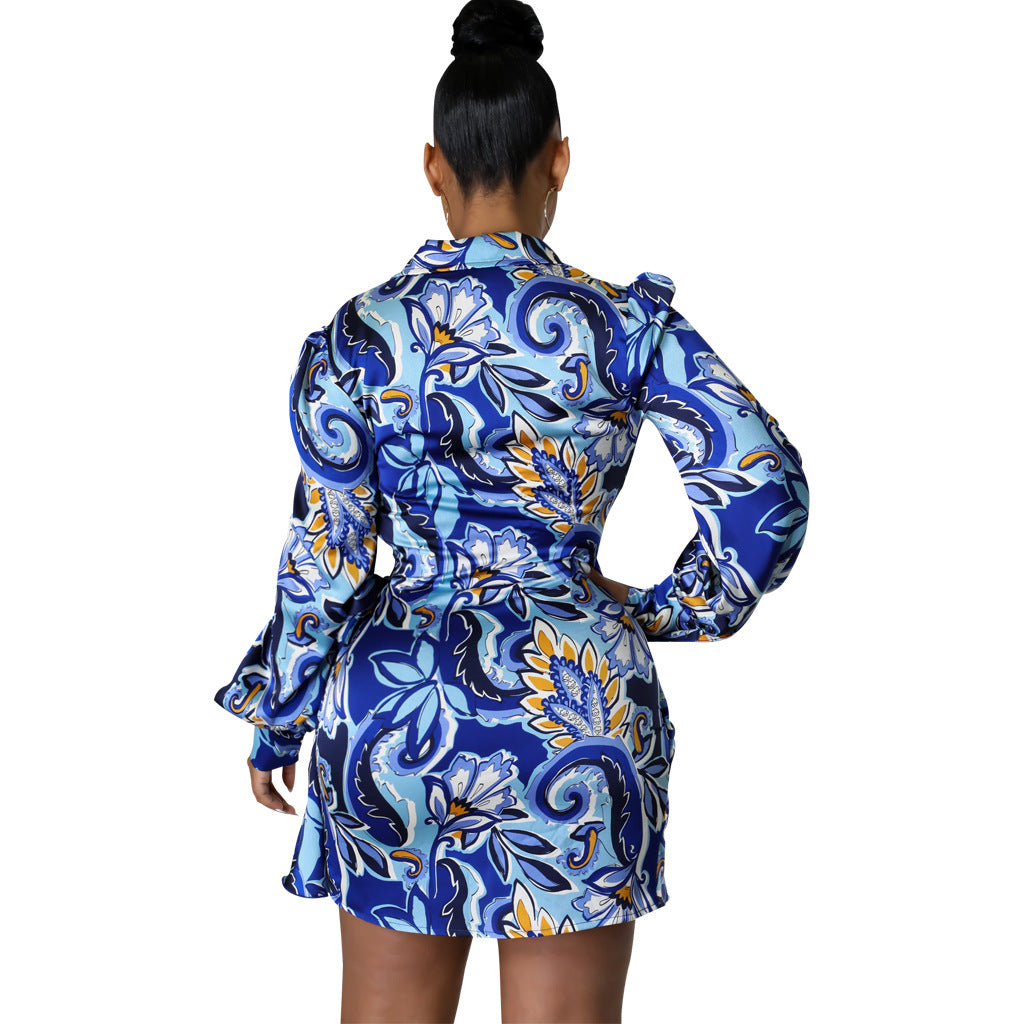 Blue abstract-print wrap mini dress, full back view