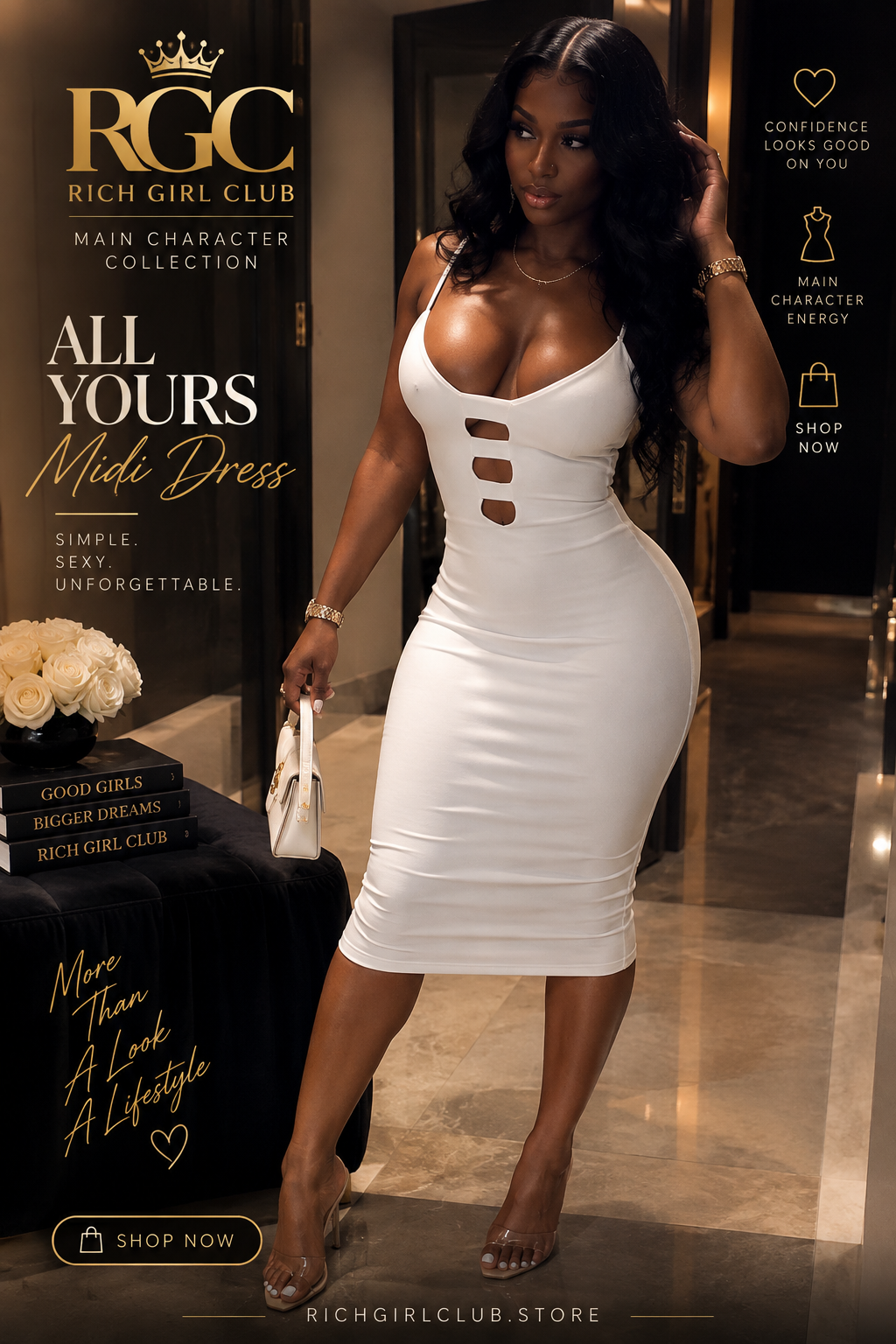 Black-haired model wearing the All Yours white ladder-cut midi dress with three front openings in an RGC campaign