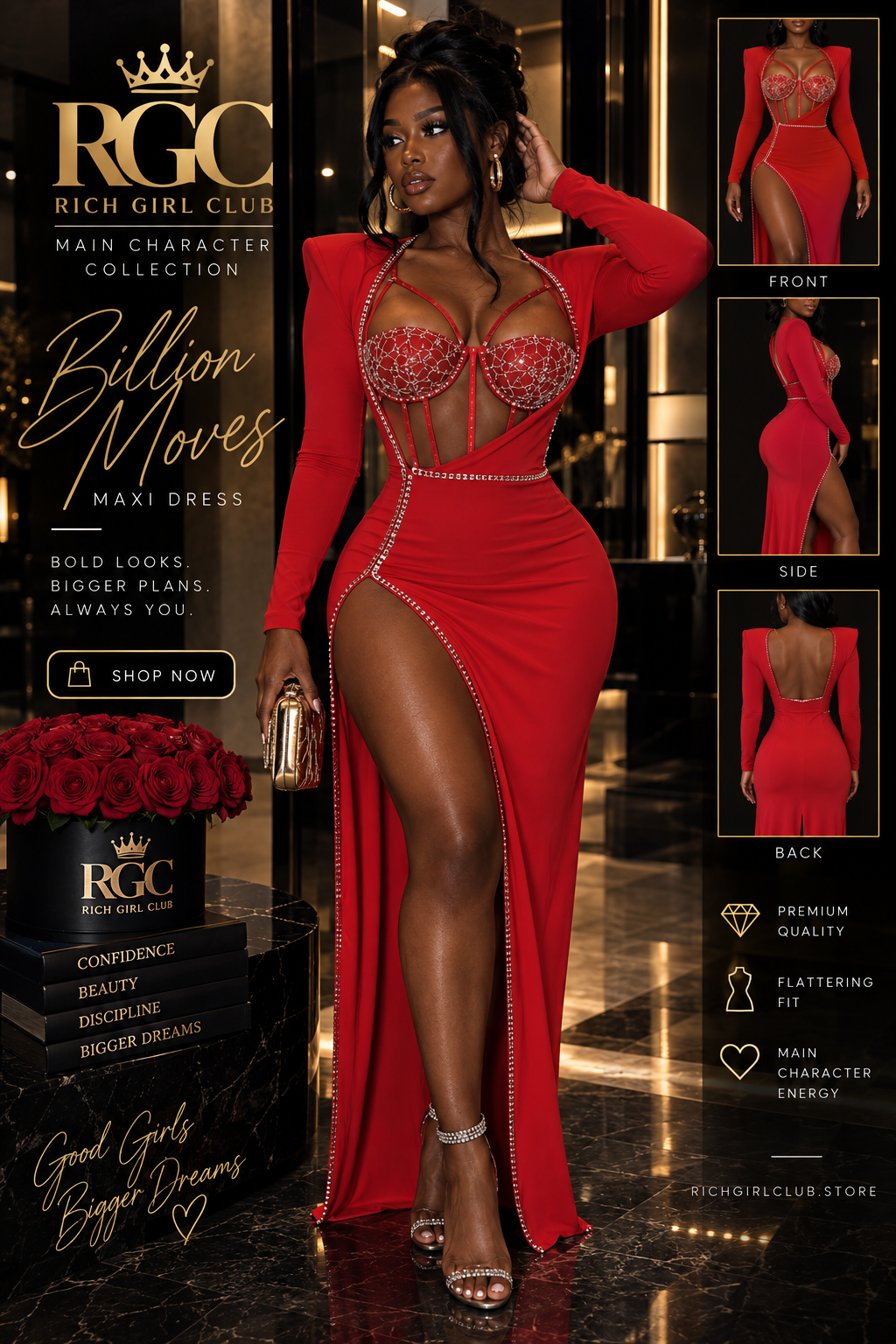Model wearing a red long-sleeve maxi dress with a sheer cutout bodice, embellished with rhinestones and crystal trim. Shown in an RGC campaign graphic with front, side, and back detail insets.