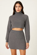 Front view of the charcoal-gray Knit Mock Neck Top And Skirt showing the cropped long-sleeve ribbed top and high-waist mini skirt